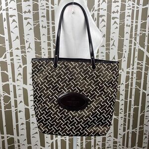 Tommy Hilfiger Logo Print Brown Sateen Patent Leather Trim Tote Bag